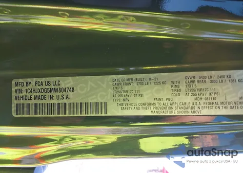 2021 Jeep Wrangler Unlimited Willys Sport 4X4 из США, поврежденный, VIN 1C4HJXDG5MW804748